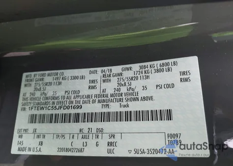 2018 Ford F-150 Xlt из США, поврежденный, VIN 1FTEW1C55JFD01699